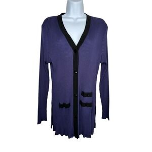 Exclusively Misook Long Button Ribbed Cardigan Acrylic Sz L Large Purple Black A